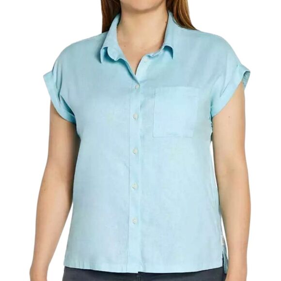 Orvis Linen Top Shirt Short Sleeve Button Down Blue‎ Hi Low Pocket Oversized L - Picture 1 of 13